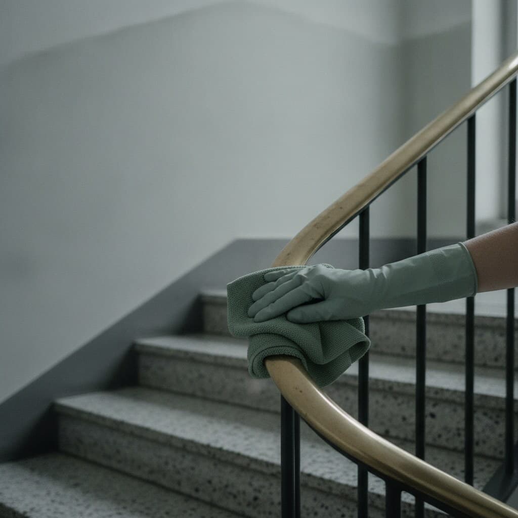 Behandschuhte Hand reinigt den Messing-Handlauf eines Berliner Treppenhauses