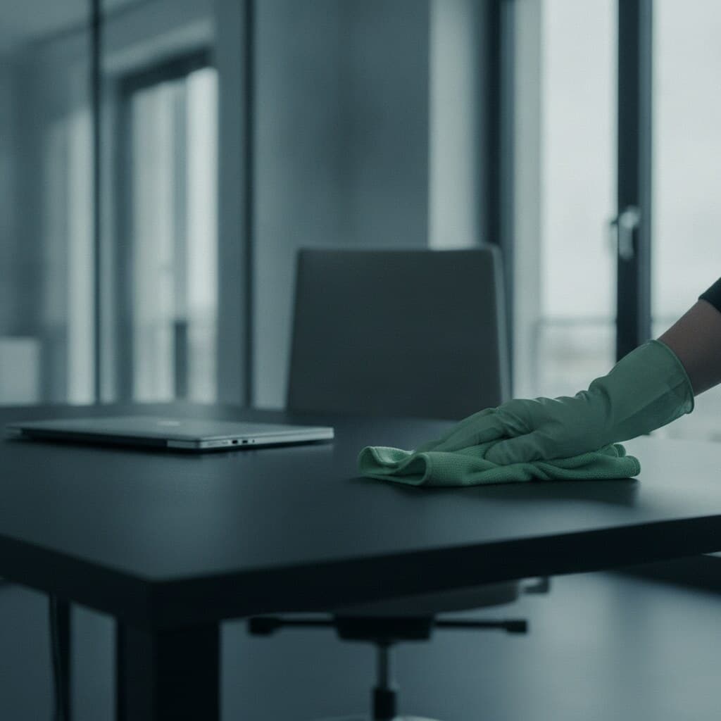 Behandschuhte Hand wischt eine Schreibtischplatte in einem leeren Berliner Büro
